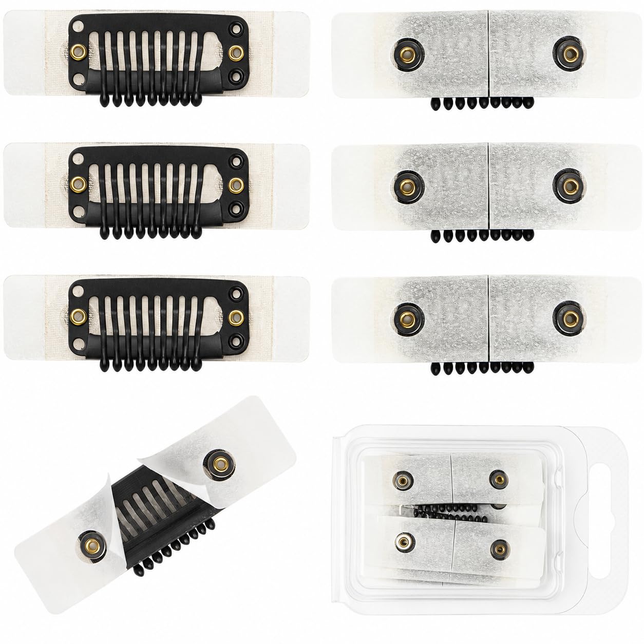 HyunDu 6Pcs 15x55mm Black Metal Wig Clips with Adhesive Tape, Sew In and No Sew Wig Clips to Secure Wig, Hair Extension Clips for Wig Making Tools and Accessories, Snap Clips for Wigs