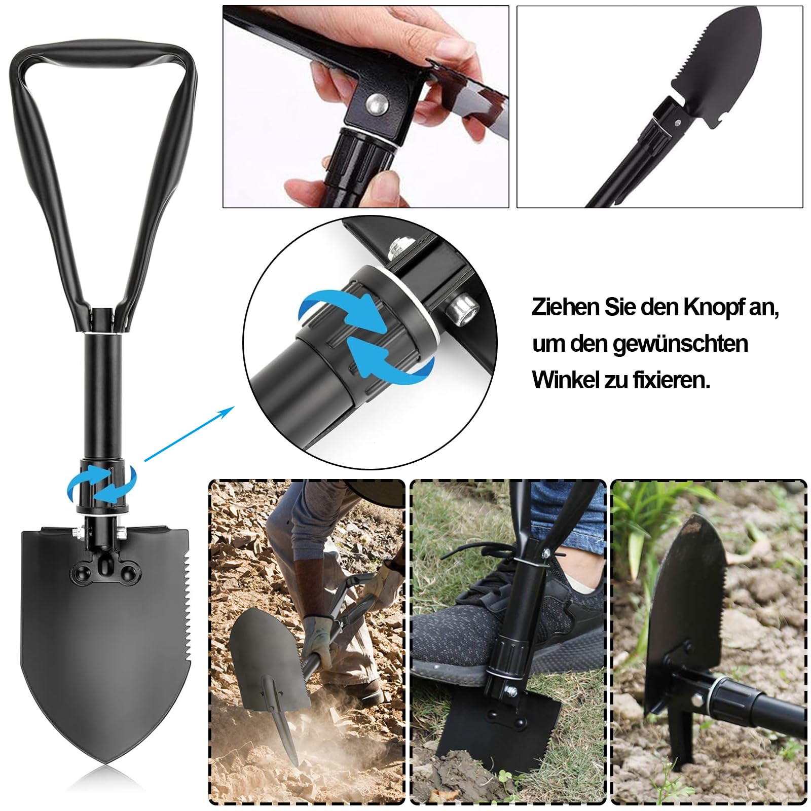 Pala Plegable, Negra pala de Camping Multifuncional, Pala Plegable Desmontable con Bolsa de Transporte