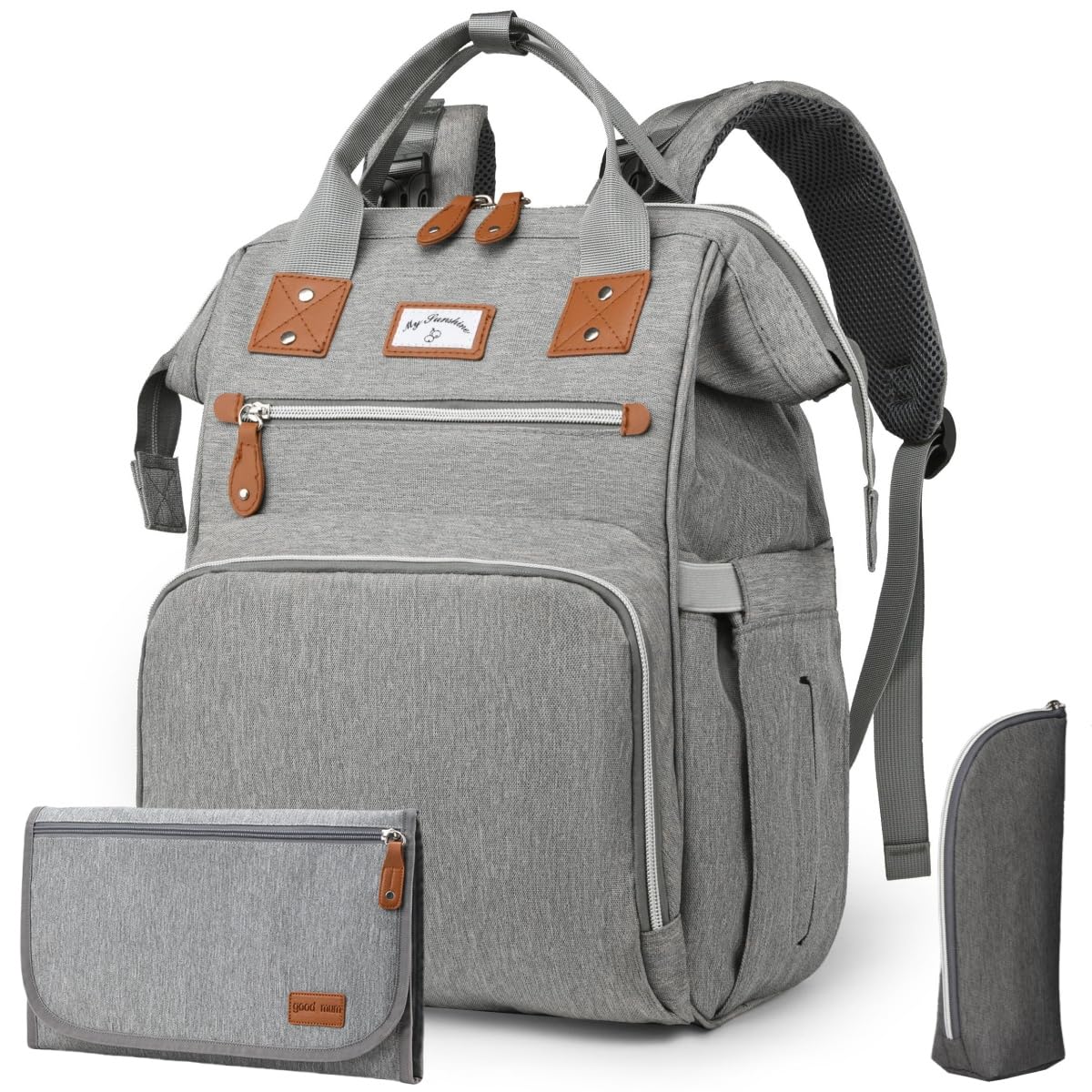 GROWZELT Wickelrucksack Groß inkl Wickelunterlage & Kühltasche, Modische Wickeltasche mit viel Stauraum, Wasserabweisender Wickelrucksack groß für Baby Reisen & Alltag, Kinderwagenbefestigung (Grey)