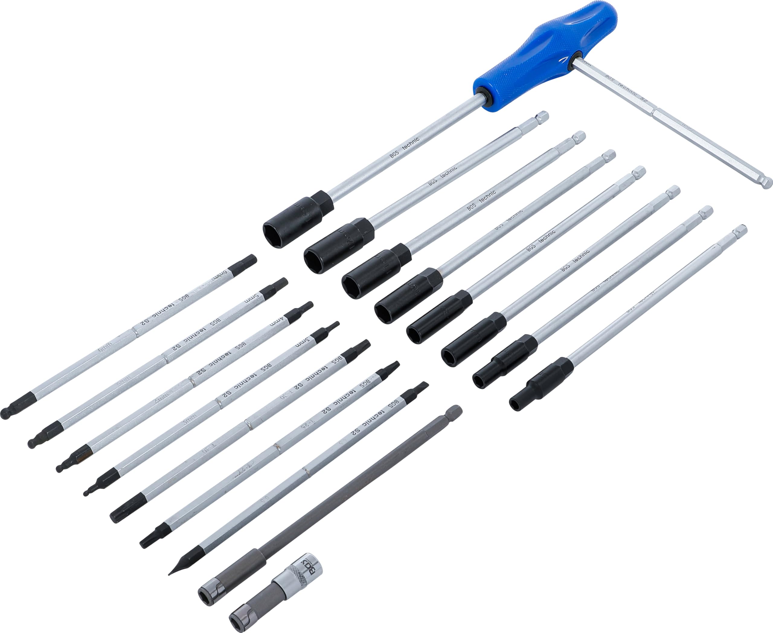 BGS 7985 | T-Griff-Schraubendreher- und Steckschlüssel-Satz | 19-tlg. | 2-Wege-Handgriff | Bitadapter & Bithalter | 8 Bit-Klingen | 8 Steckschlüssel-Einsatz-Klingen | Chrom-Vanadium-Stahl