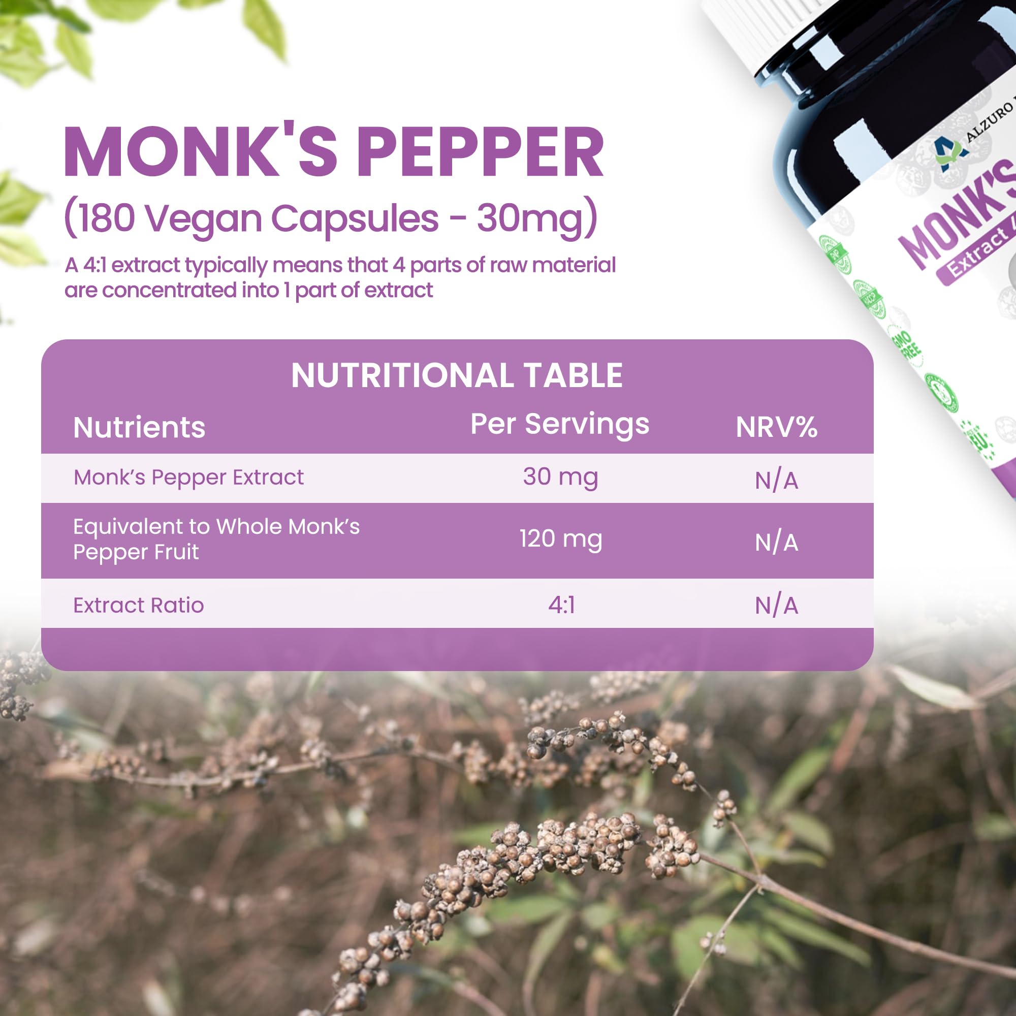 Poivre moine | 120 mg équivalent (30 mg d'extrait 4:1) | 180 capsules végétaliennes | 6 mois de stock | GMP & Testé en Laboratoire Indépendant
