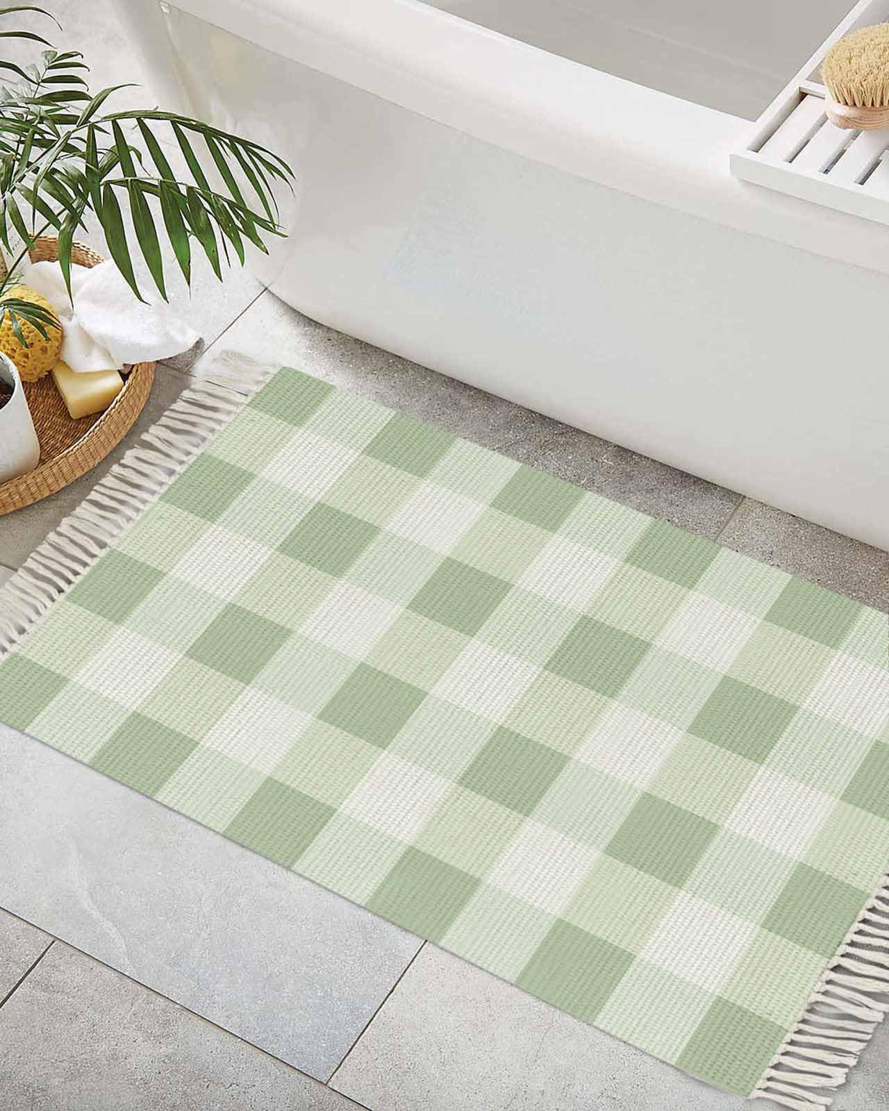 Gifikkazinn Sage Green Buffalo Check Bathroom Rugs 2 x 3 Ft, Farmhouse Sage Green Washable Area Doormat with Tassel, Buffalo Plaid Soft Small Floor