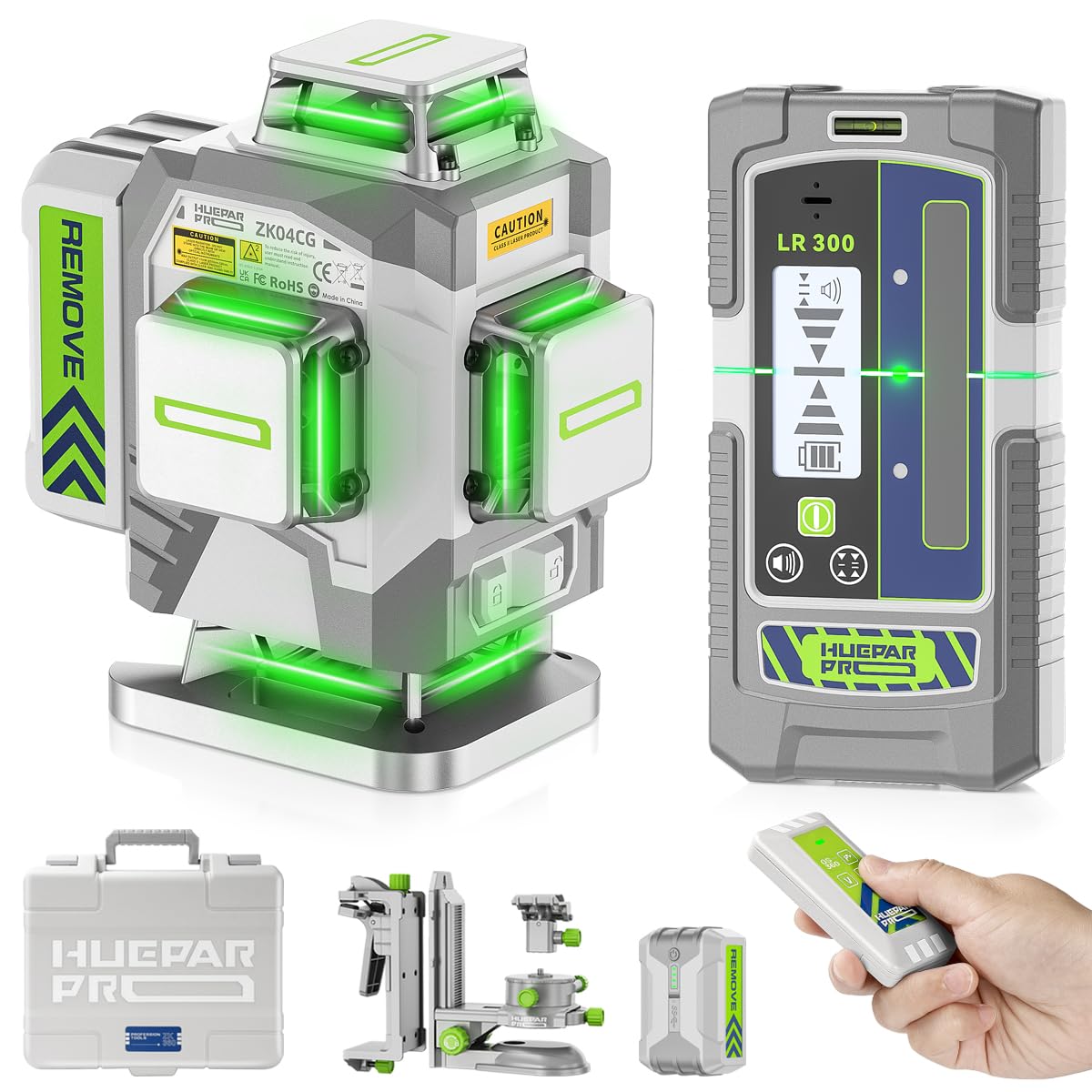 Huepar Pro Outdoor Nivel Láser con Receptor, 4 * 360° Autonivelante con Láser Verde, Nivelación de Alta Precisión en 4D con Batería de Iones de Litio de 8000mAh, Control Remoto y Estuche Rígido Global Recycled Standard Global Recycled Standard Global Recycled Standard