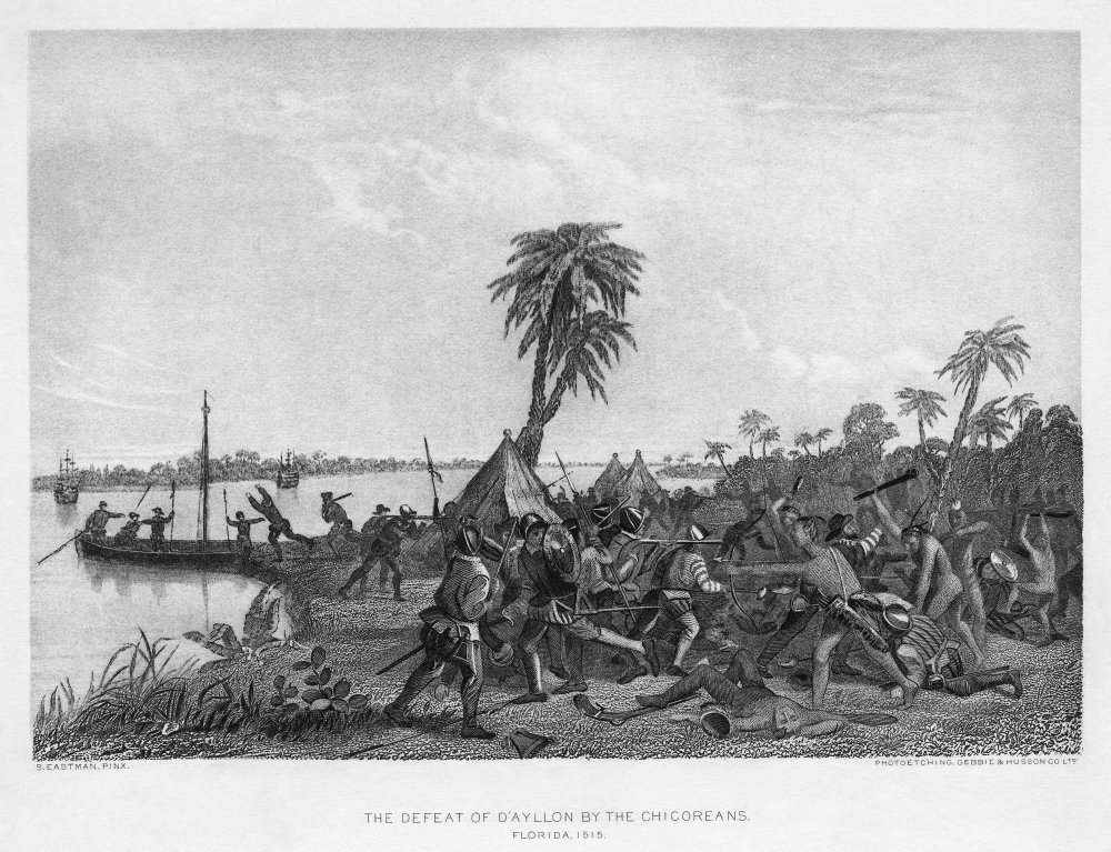 Spanish Defeat 1515 NThe Defeat Of DAyllon By The Chicoreans Spanish Troops Led By Vasquez De Ayllon Driven Away By Native Americans In Southeastern America 1515 Engraving American 1853 Poster Print b