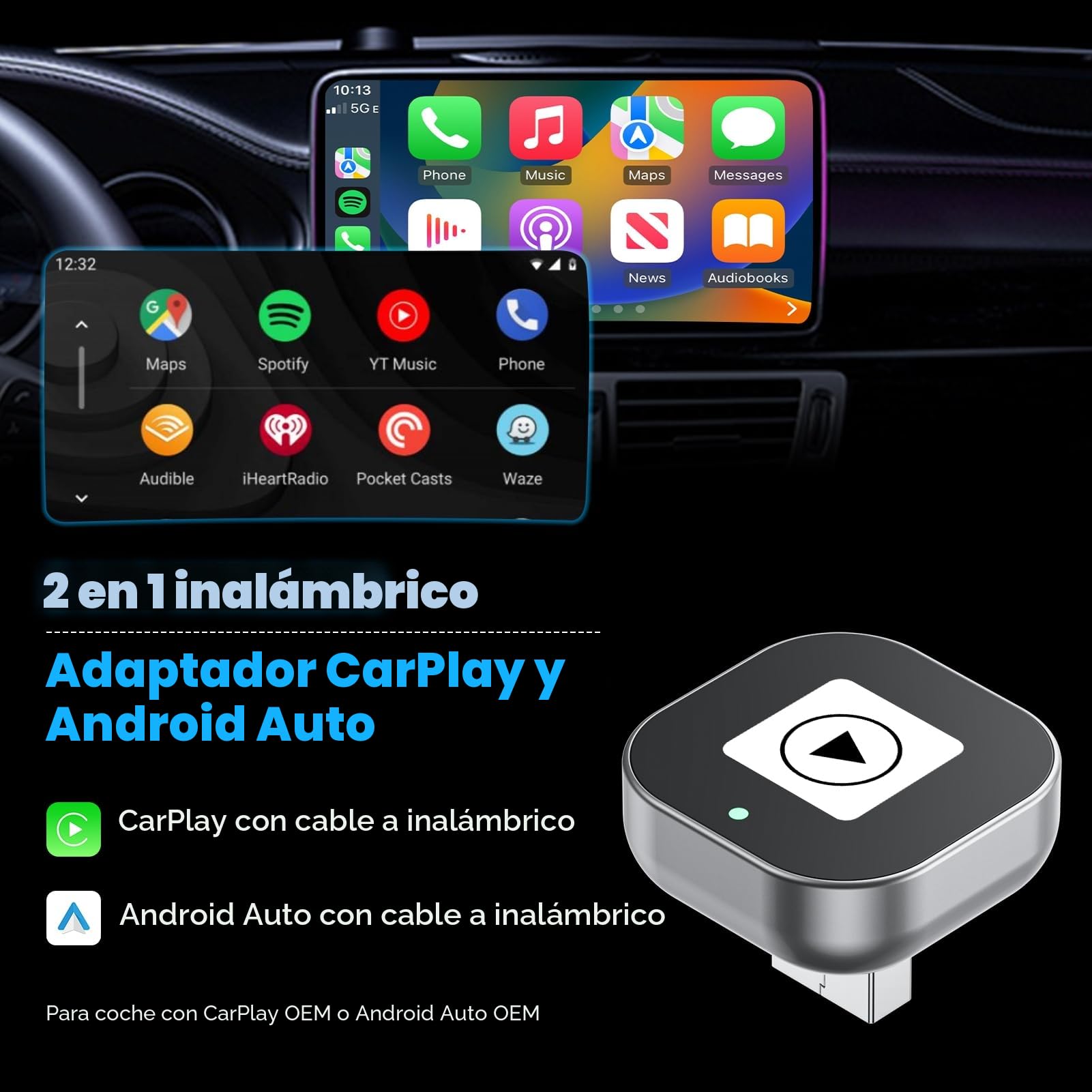 Spedal CL322 Adaptador Inalámbrico CarPlay y Android Auto, Mini USB CarPlay, Convierte Cableado a Inalámbrico, Plug & Play, Reconexión Automática, Compatible con iPhone 6+/Android 11+ (Coches 2016+)