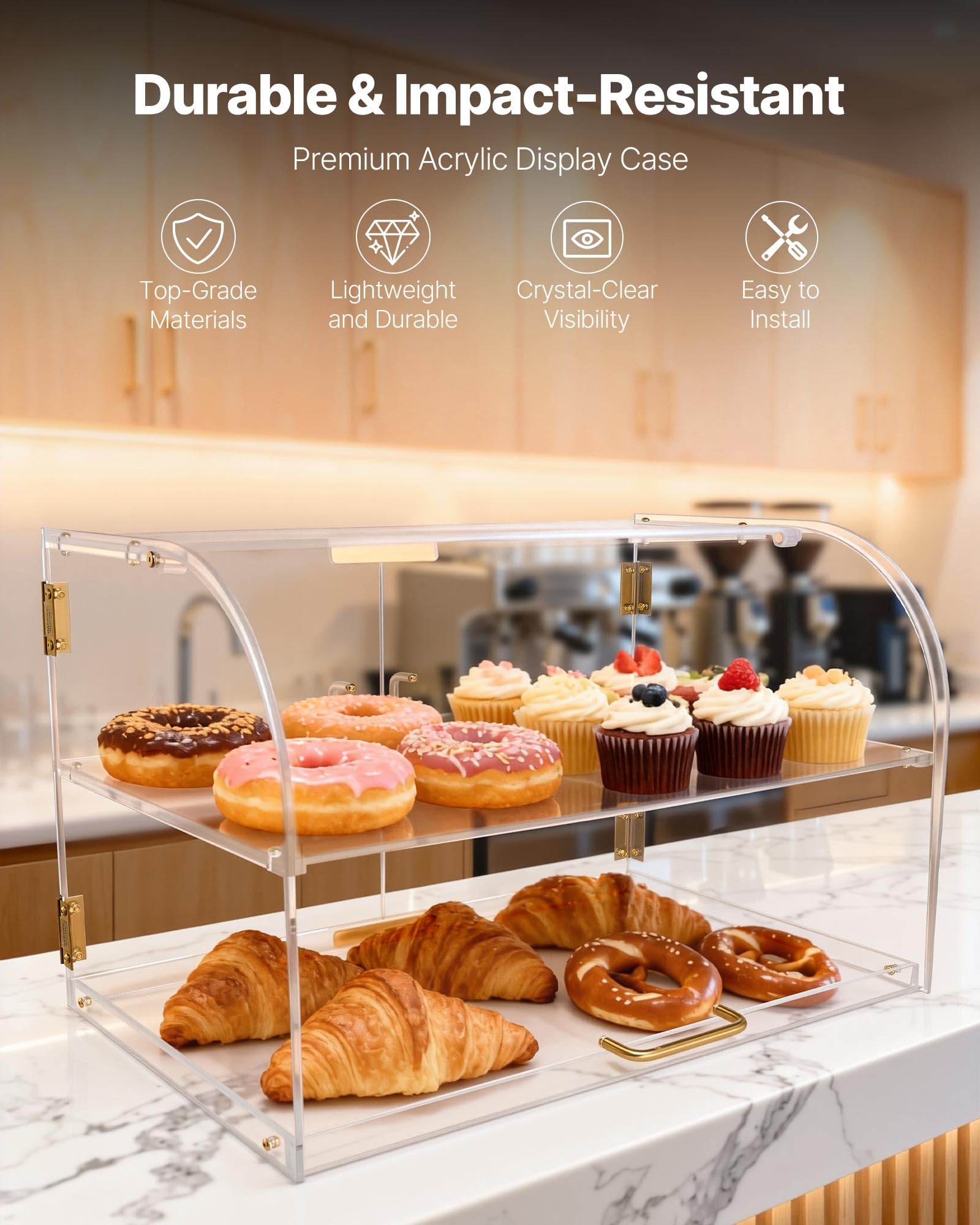 VEVOR Gebäckvitrine 2-stöckig, Gewerbliche Bäckereivitrine aus Transparentem Acryl, Thekenvitrine mit Magnetischer Rücktür & Abnehmbarer Trennwand für Kekse Desserts Donuts, 558 x 355 x 355 mm