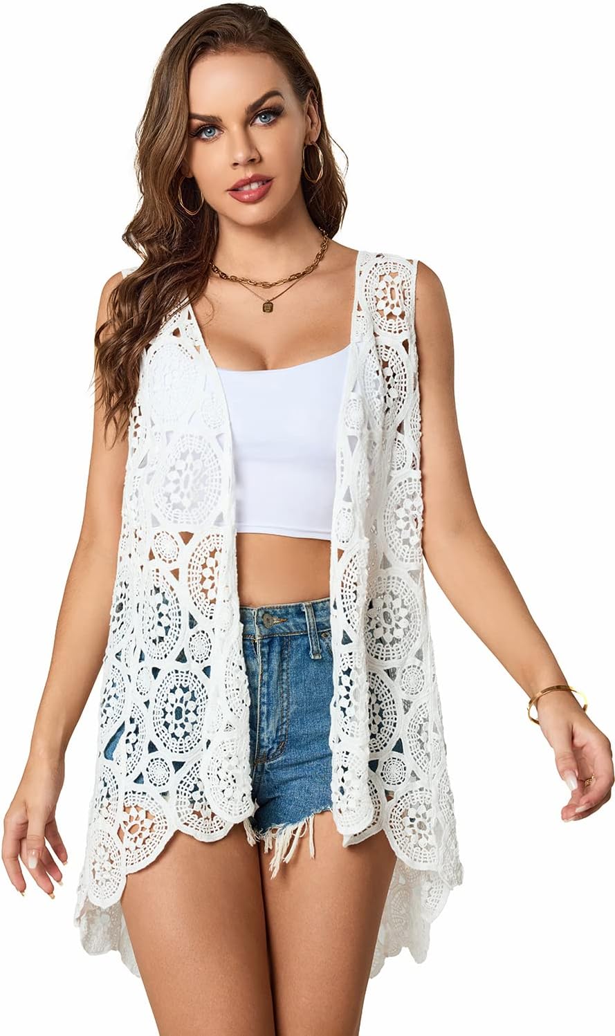 Women's Crochet Lace Vest Boho Sleeveless Kimono Irregular Hem Cardigan - Image 2
