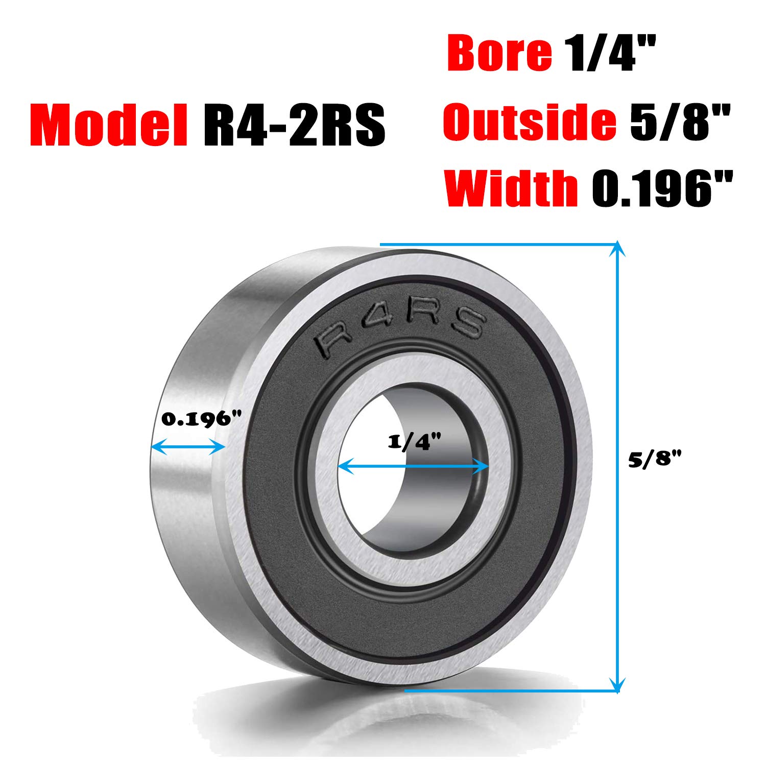 R4-2RS Ball Bearings 1/4 x 5/8 x 0.196 inch C3 High Speed Double Sealed and Lubricated Bearings for Motor, Wheels, Bike, Pool Pump, Spinners (10 Pack)