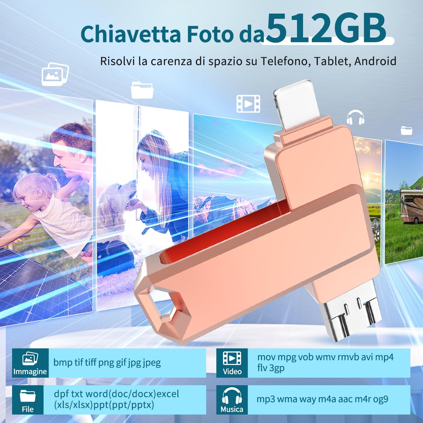 3-in-1 Chiavetta USB 512gb con Adattatore USB C,Memoria Esterna Pen Drive Chiavette Usb per Scaricare Foto, Pendrive per IOS/Android/Smartphone/OTG/Laptop/Pad/PC, Backup con un clic, (Rosa)