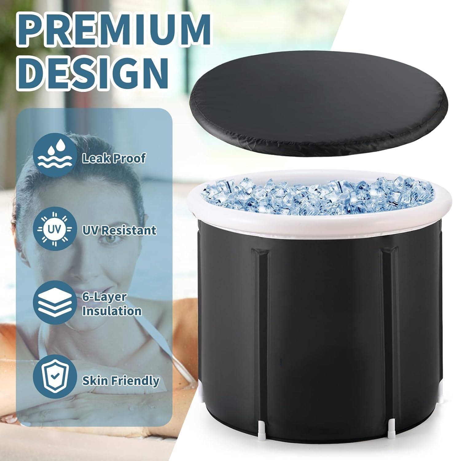 HEYOUTH Baño de hielo con tapa, bañera de hielo plegable portátil para adultos, 80 x 75 cm, inflable para adultos de interior y exterior