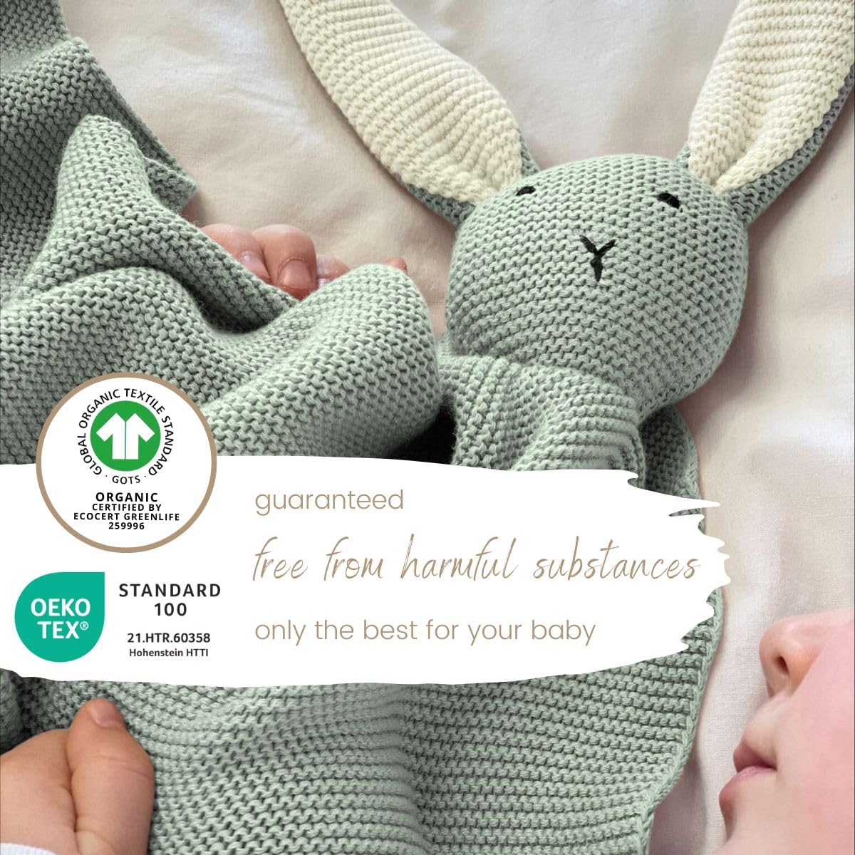 DIKOS® Original Baby Blanket Cuddly Rabbit Mint 100% Organic Cotton Newborn Blanket Sustainable Cuddly Blanket Knitted Girls Comfort Blanket Pram Baby First Equipment Gift for Birth - Image 3
