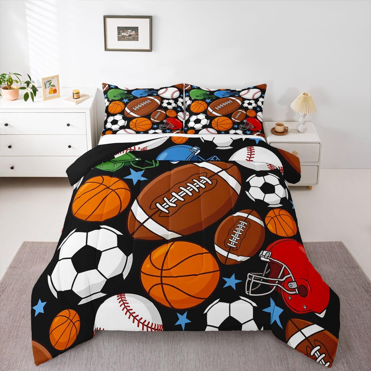 Feelyou Football Kids Comforter Set Full Size Basketball Sports Bedding Set Soccer Ball Game Duvet Quilt for Kids Boys Girls Bedroom Black Baseball Gaming Decor Microfiber Ultra Soft Breathable