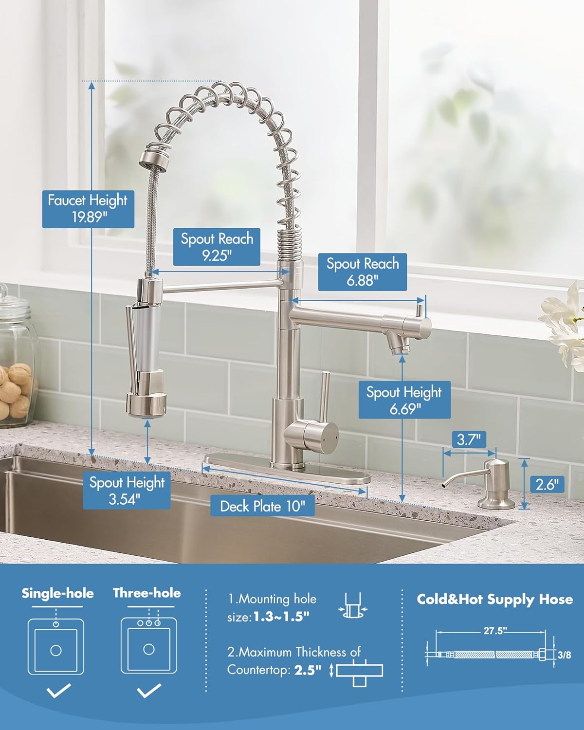 AIMADI Kitchen Faucet with Pull Down Sprayer,Stainless Steel Sink Faucet with Soap Dispenser Deck Plate, Spring Single Handle Modern Utility Faucets for Farmhouse Laundry Camper RV Bar,1 or 3 Hole