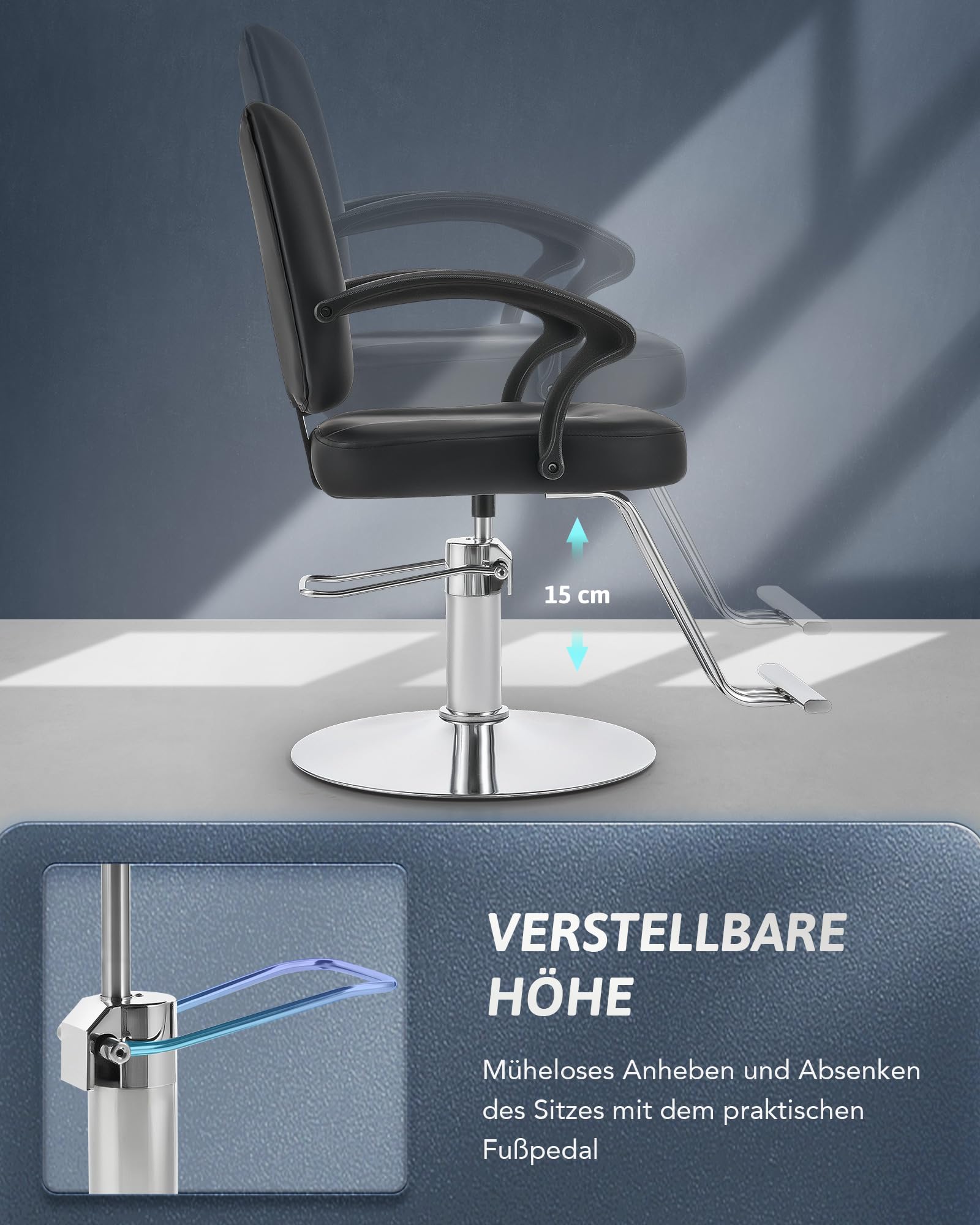 Friseurstuhl 360° Drehbar 15cm Höhenverstellbar 250kg Tragkraft Hydraulischer Barberstuhl mit Stahlsockel