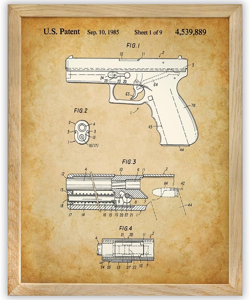 Lone Star Art Glock Pistol Gun Patent Print - 11x14 Framed Patent Print Gun Pictures for Wall - Man Cave Gun Poster Decor - Gift for Gun Owners and Firearms Enthusiasts