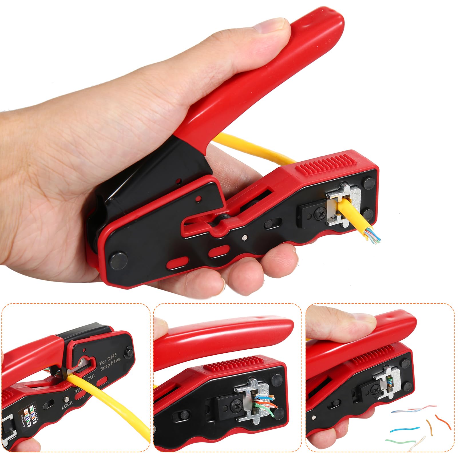 Kit d'outils de sertissage RJ45 pour connecteurs pass-through Cat5e, Cat6, Cat6a, comprenant une pince pour câble réseau, un testeur RJ11 RJ45, 100 fiches plaquées or, 100 bottes