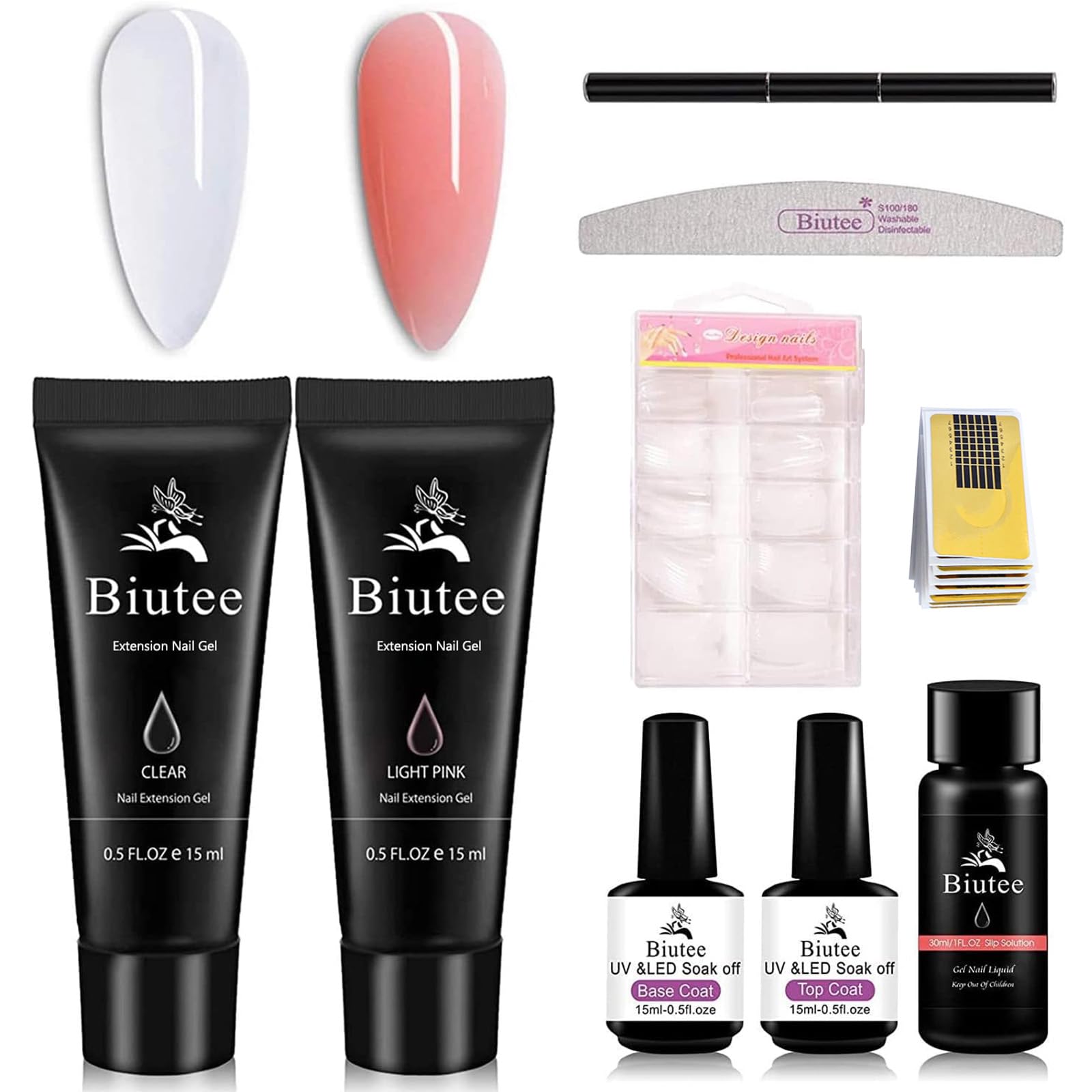 Polygel per Unghie, Acrygel Unghie Ricostruzione, 100 * Tip in Gel, Trasparente e Rosa 30g, con 30ml Soluzione Scivolare 15ml Base e TopCoat