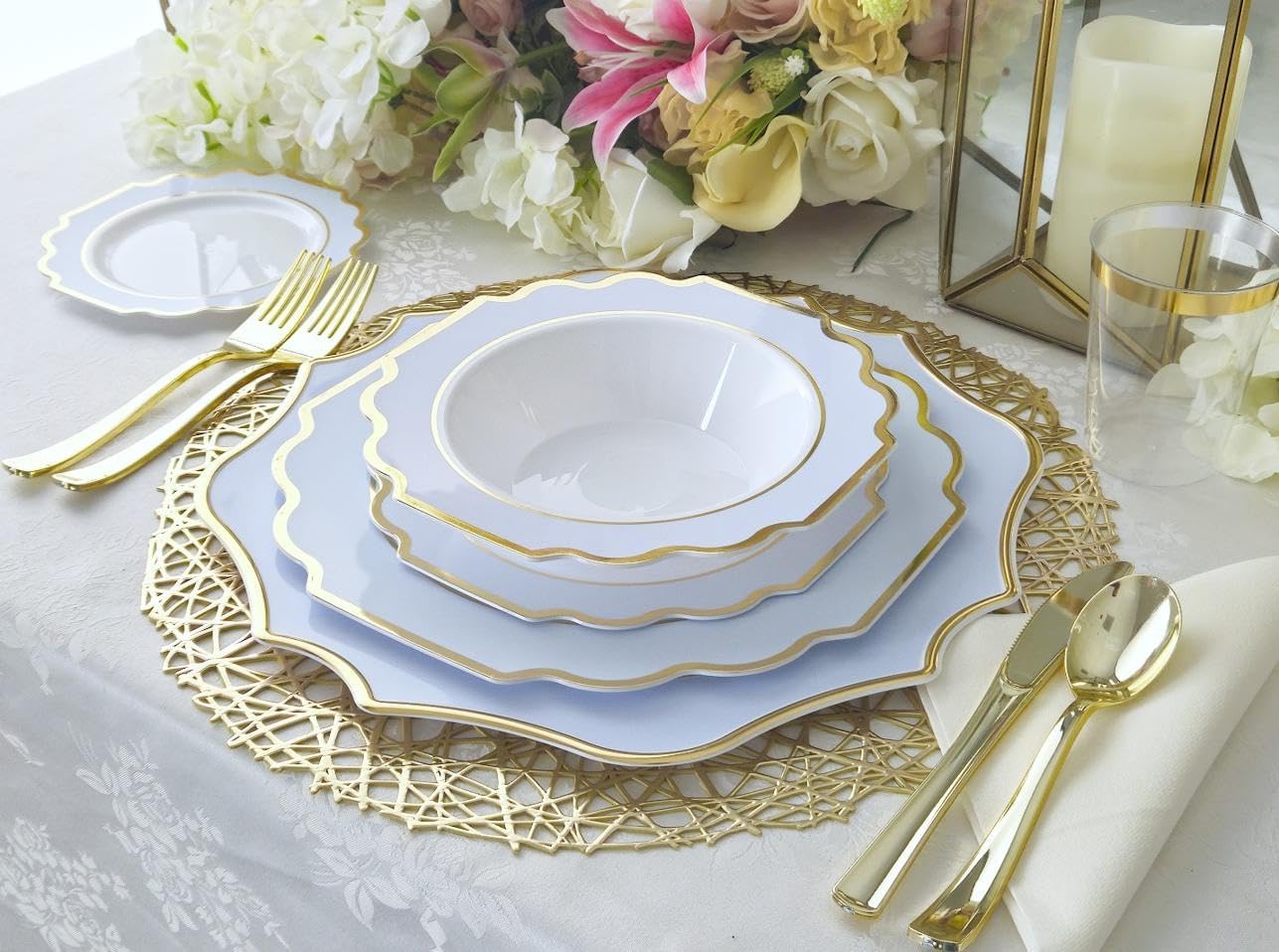 " OCCASIONS " 50 Plates Pack (25 Guests)-Heavyweight Wedding Party Disposable Plastic Plate Set -(25x10.5'' Dinner + 25x8'' Salad/dessert (Imperial in White/Blue & Gold) - Image 5