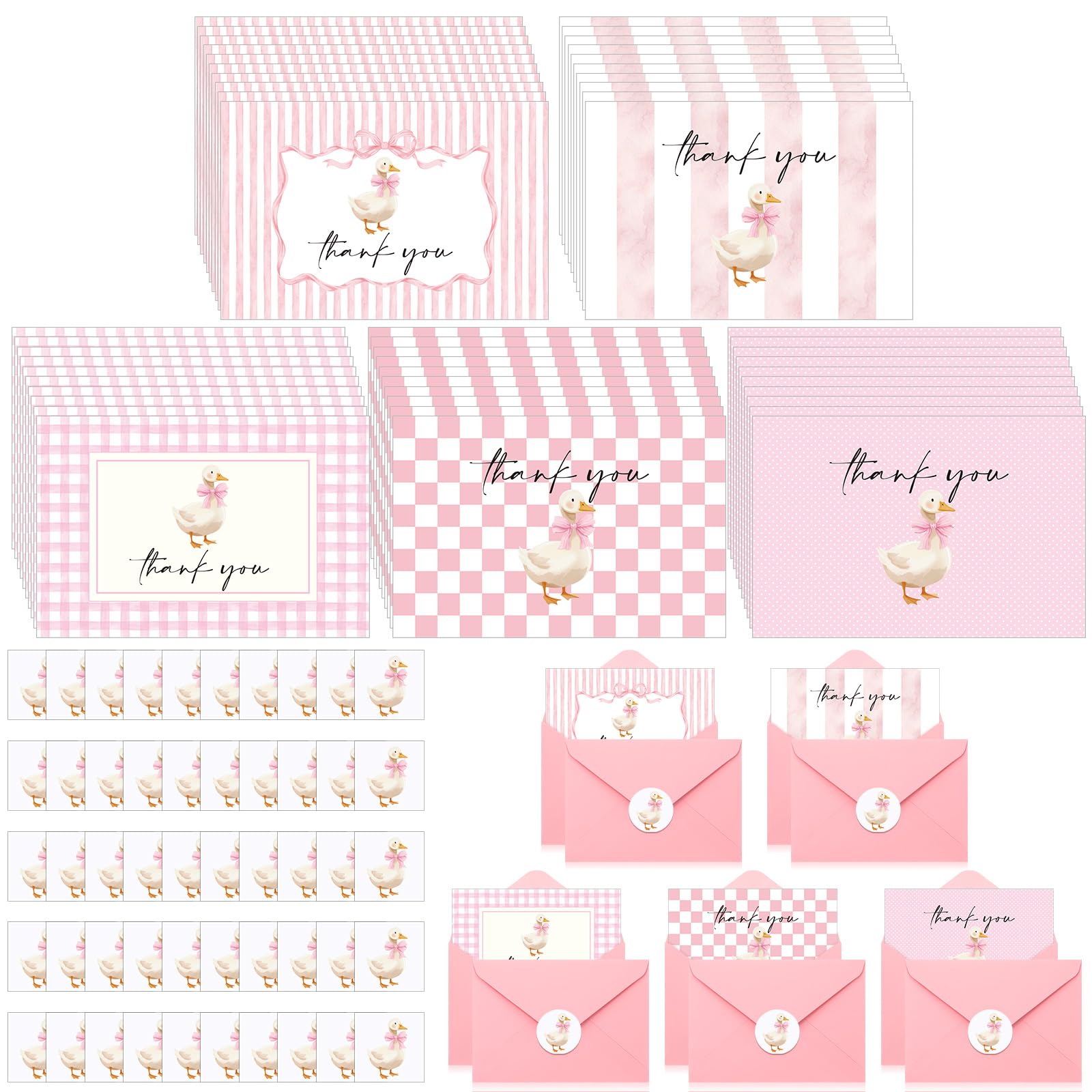 Sabary Pink Goose Lot de 50 cartes de remerciement avec enveloppes et autocollants Motif nœud élégant en vrac 10,2 x 15,2 cm Carte de vœux vierges pour fête prénuptiale, mariage, fête d'anniversaire