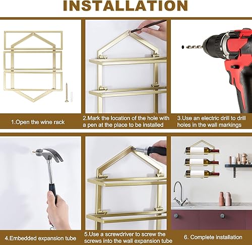 Miniatura 7 de uxcell Juego de 2 soportes de metal para botellas de vino para montar en la pared, con capacidad para 3 botellas, estante de almacenamiento de pared