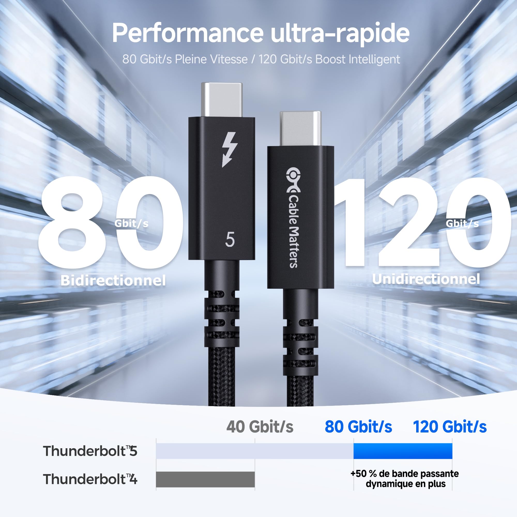Cable Matters [Certifié Intel Câble Thunderbolt 5 Actif 2 m, 80 Gbit/s (Boost 120 Gbit/s), 240 W USB-C PD 3.1, Vidéo 8K, Compatible Thunderbolt 4/3, USB4 et USB-C