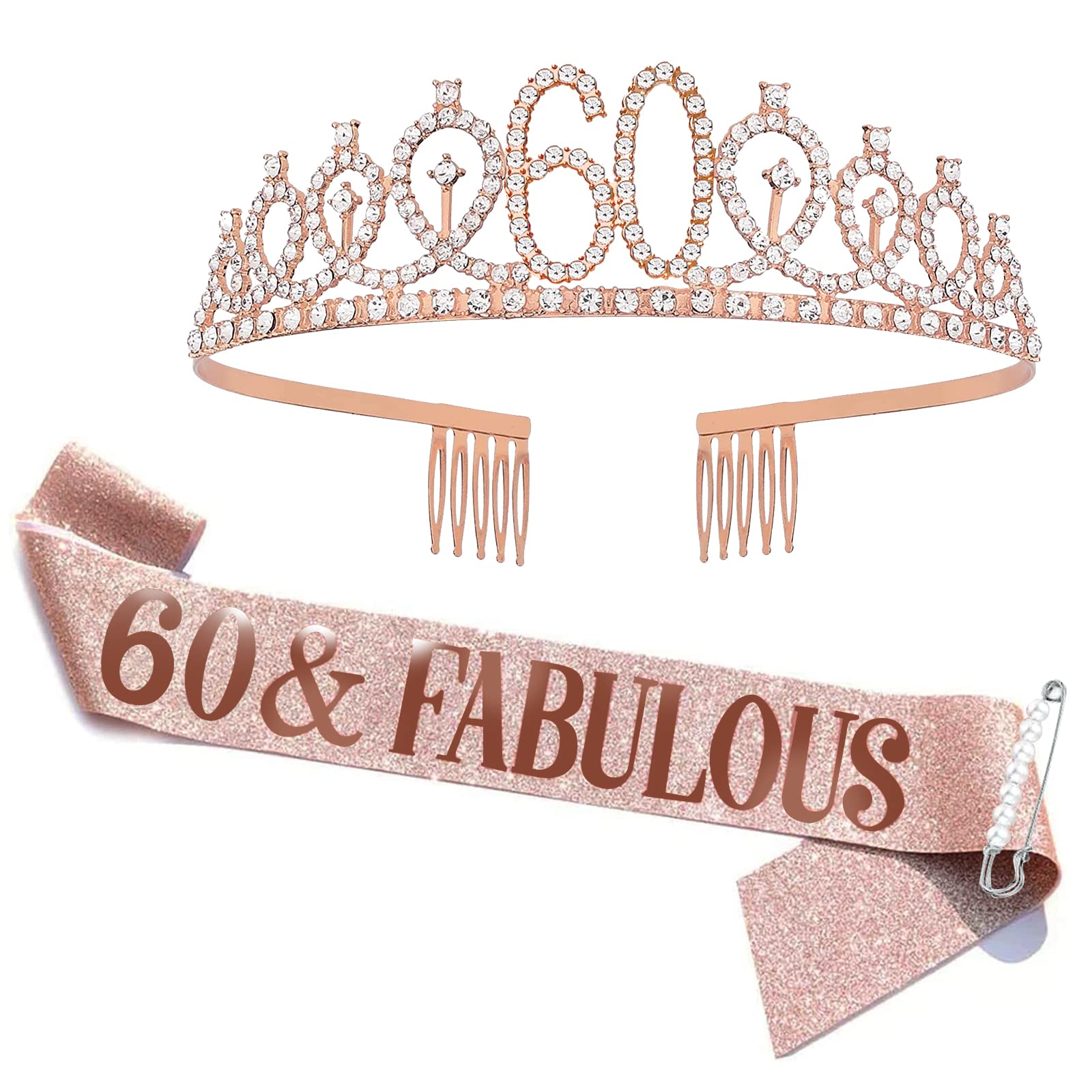 FUNSACHY 60th Birthday Sash & Rhinestone Tiara Set, 60 Year Old Birthday Gifts for Her 60th Birthday Party Decorations for Women (Rose Gold)