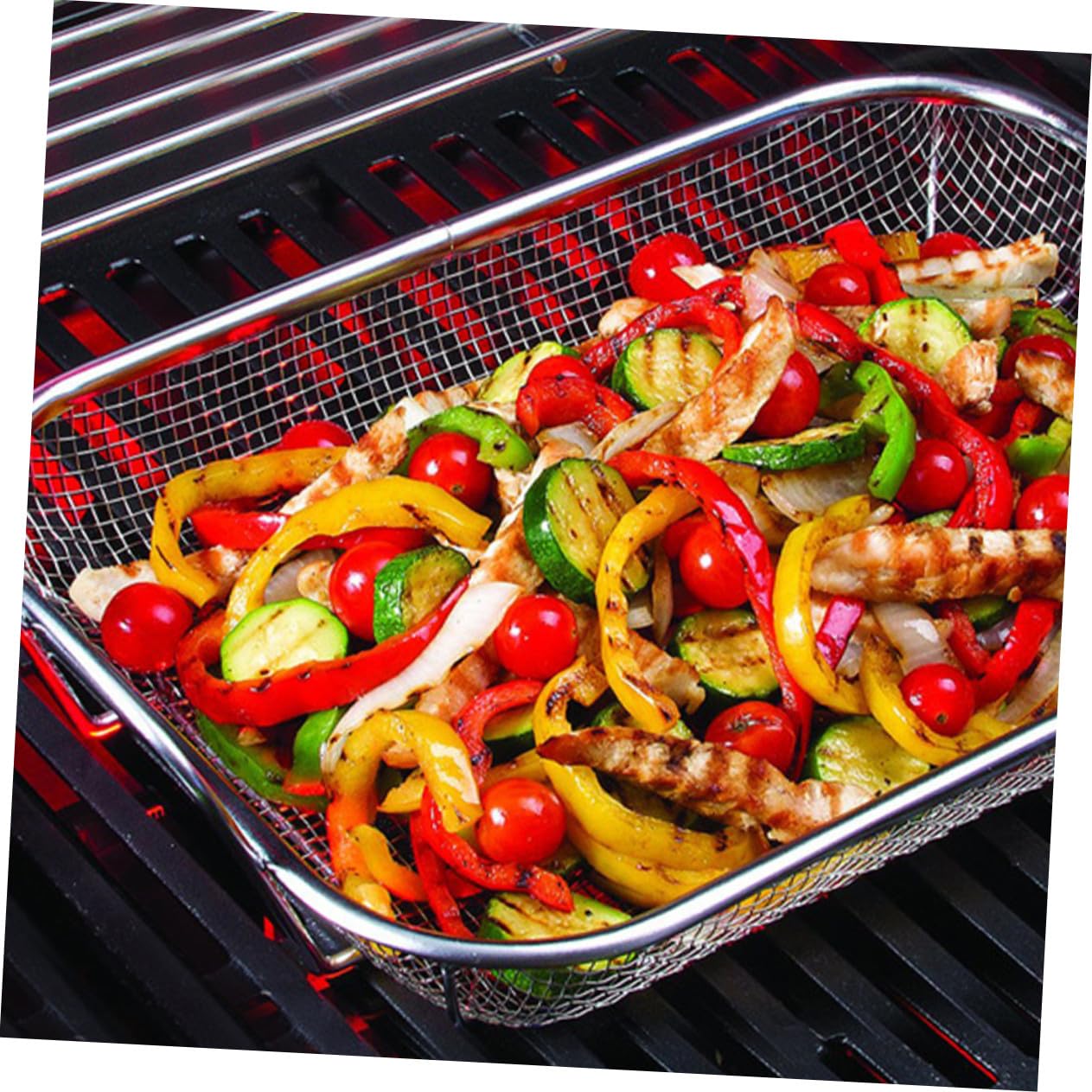Cestello Barbecue in Acciaio Inossidabile, Portatile | Argento, Doppia Maniglia, Scolapiatti per Alimenti, Contenitore Leggero per Esterno