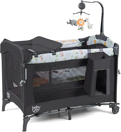 Miniatura 10 de BABY JOY 4 en 1 rosa Pack and Play, cama de noche para bebé con moisés, 3 alturas ajustables, caja de música, fácil de instalar, cuna plegable con