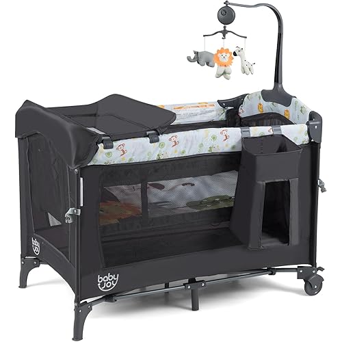 BABY JOY 4 in 1 Pack and Play, Baby Bedside Sleeper with Bassinet, 3 Adjustable Heights, Music Box, Easy to Install, Foldable Bedside Crib w/Changing Table, Playards from Newborn to Toddlers