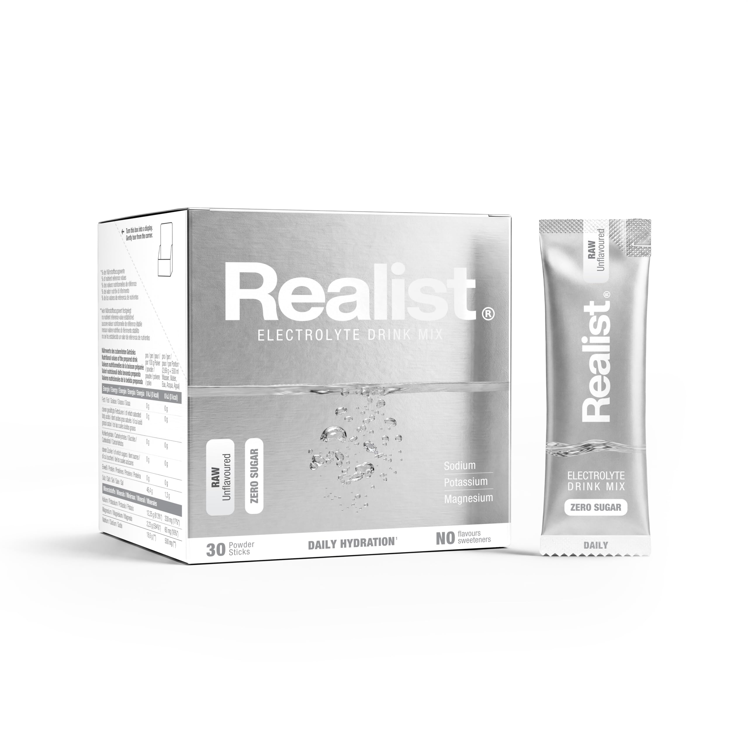 REALIST® Électrolytes sans sucre [30 bâtons] Poudre d'électrolyte | Daily Electrolytes Sugar Free, pour le sport, la vie quotidienne et la chaleur - Sodium, potassium et magnésium - Keto | pur, sans