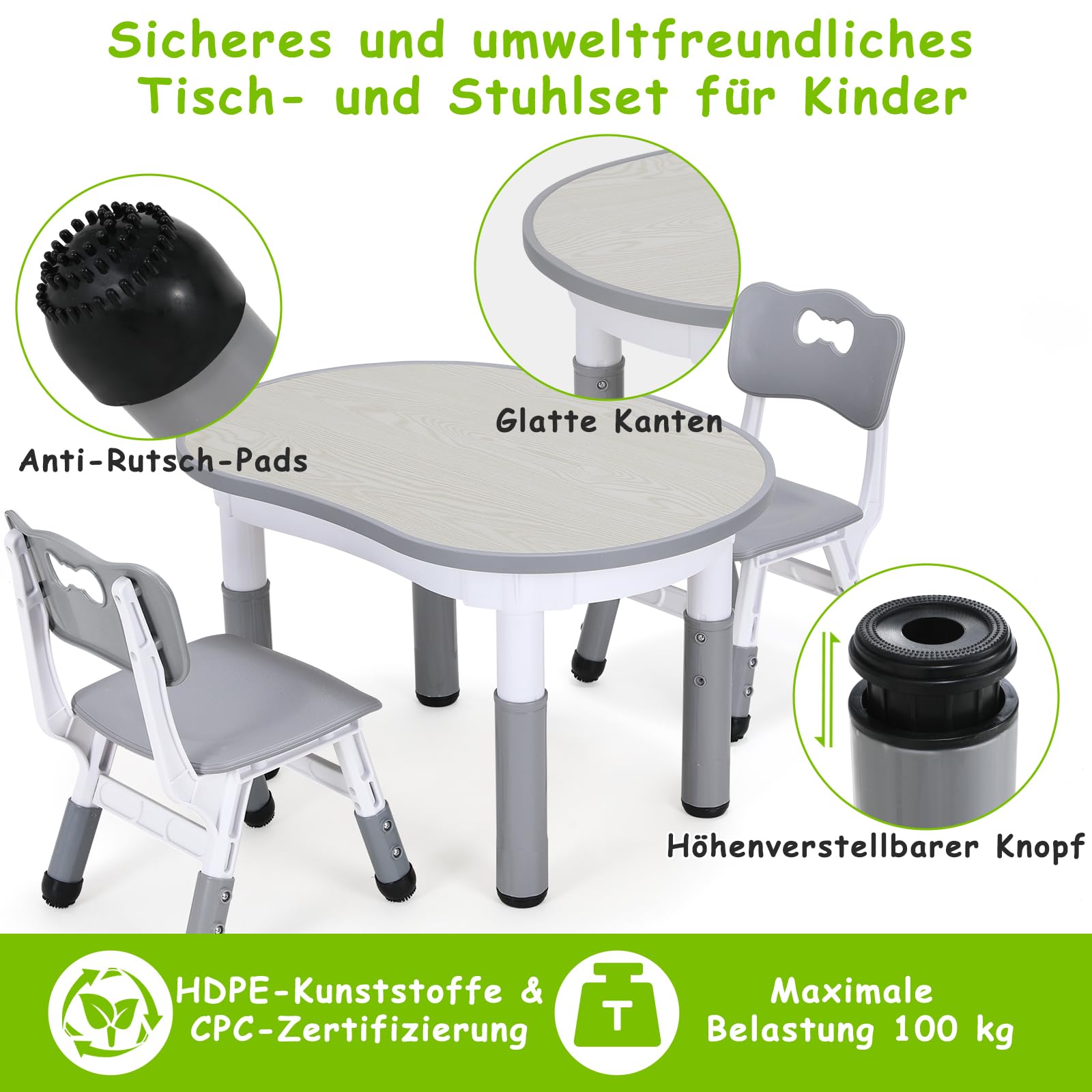 Kindertisch mit 2PCS Stühlen, Packung mit 2 Stühlen, Kindersitzgruppe Höhenverstellbar,Plastik Kinder Tisch Stuhl Set, Erdnussform, Maltisch,Kinder Schreibtisch für Kindertagesstätte/Kindergarten,Grau