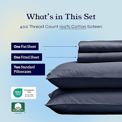 Vista 388 de Juego de sábanas de 400 hilos y 6 piezas, tamaño King, con 4 fundas de almohada, ropa de cama de 100 % algodón con tejido satinado, color azul 12