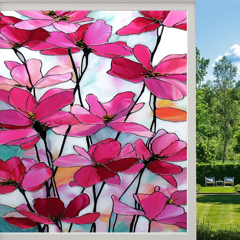 Elegant Flower Stained Glass Window Film, Natural Floral Garden Peel and Stick Privacy Film, Frosted Adhesive Vinyl Decorative for Bathroom Windows Glass Doors, （55x80cm）