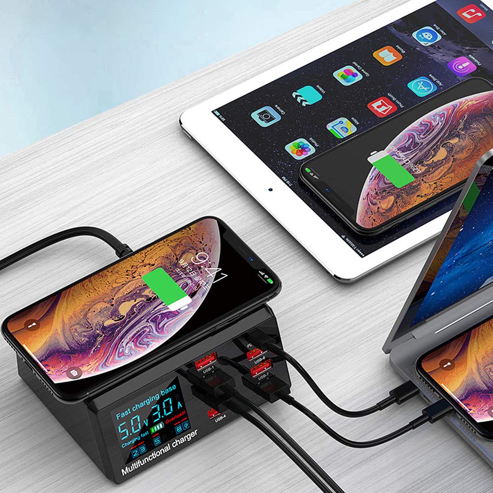Irfora USB-Ladegerät,X9 8 Port Wireless USB Ladegerät Schnellladung PD + QC3.0 + USB Port Ladestation mit LED-Anzeige für Telefon/Laptop/Tablet EU-Stecker