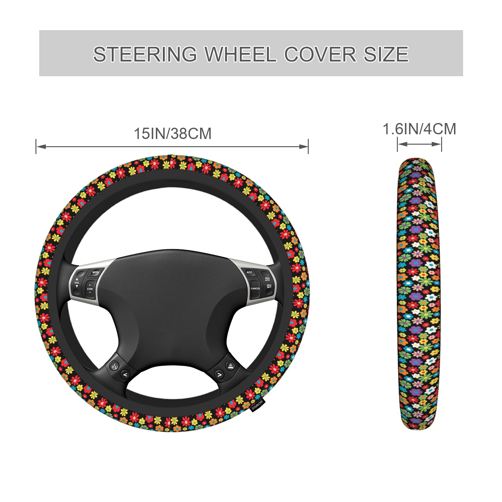 Cute Flower 15 Inch Steering Wheel Cover - Rainbow Rose Tulip Sunflower Blossom - Universal Car Accessory — view 3