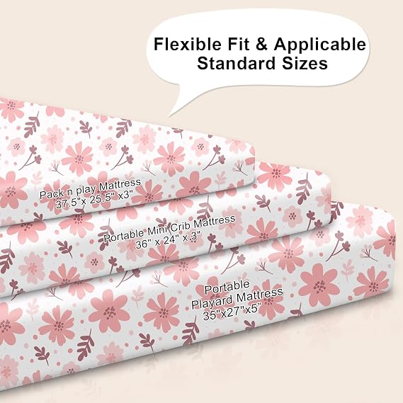 Pack N Play Sheets Fit 2枚パック、ソフトで通気性のあるプレイヤードシート、スタンダードパックNプレイマットレス用ミニベビーベッドシート、ユニセックスベビーシーツ花柄&ピンクチェック