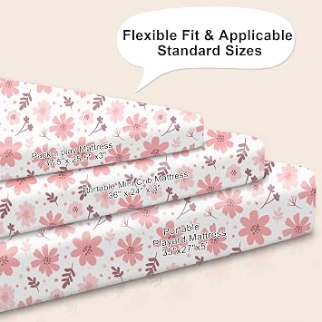 Pack N Play Sheets Fit 2枚パック、ソフトで通気性のあるプレイヤードシート、スタンダードパックNプレイマットレス用ミニベビーベッドシート、ユニセックスベビーシーツ花柄&ピンクチェック
