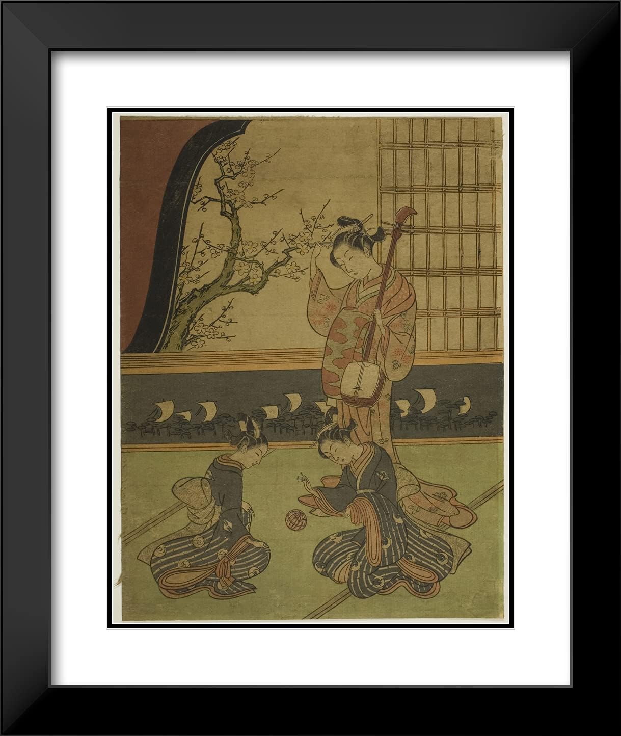 ArtDirect Suzuki Harunobu 20x24 Black Modern Framed and Double Matted Art Print Titled Courtesan Watching Her Attendants Playing with a Ball