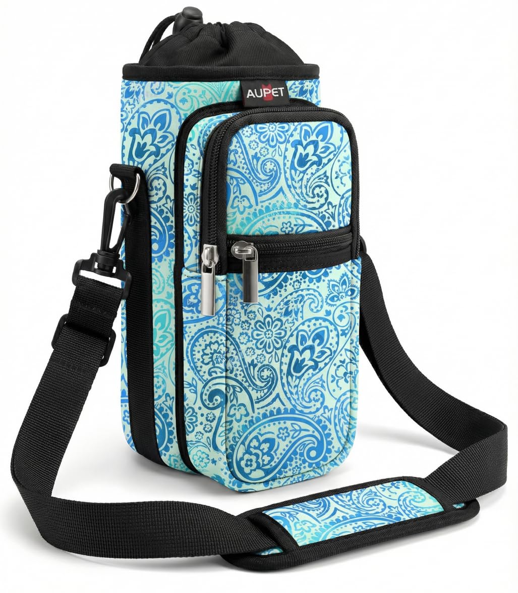 AUPET Wasserflaschen-Tragetasche, isoliert, mit Gurt und Taschen, für Herren/Frauen, Wandern, Camping, 750 ml, blaue Federn, 750 ml, blaue Feder