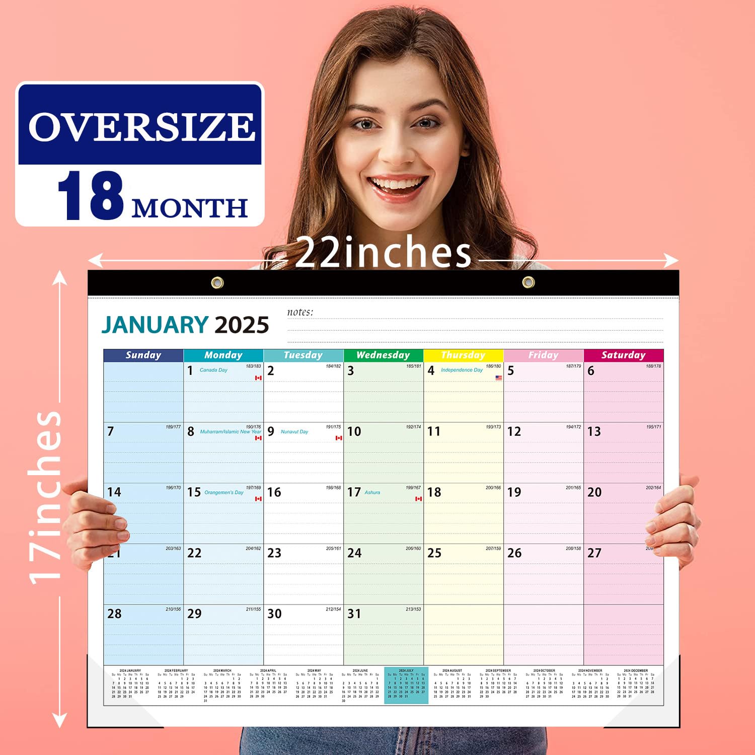 Calendrier 2025-2026 – Calendrier Mural 2025-2026, Juillet 2025 à Décembre 2026, Calendrier Mensuel 18 Avec Papier épais, 38,1 X 29,2 Cm, Crochet De Suspension – Morceau Coloré