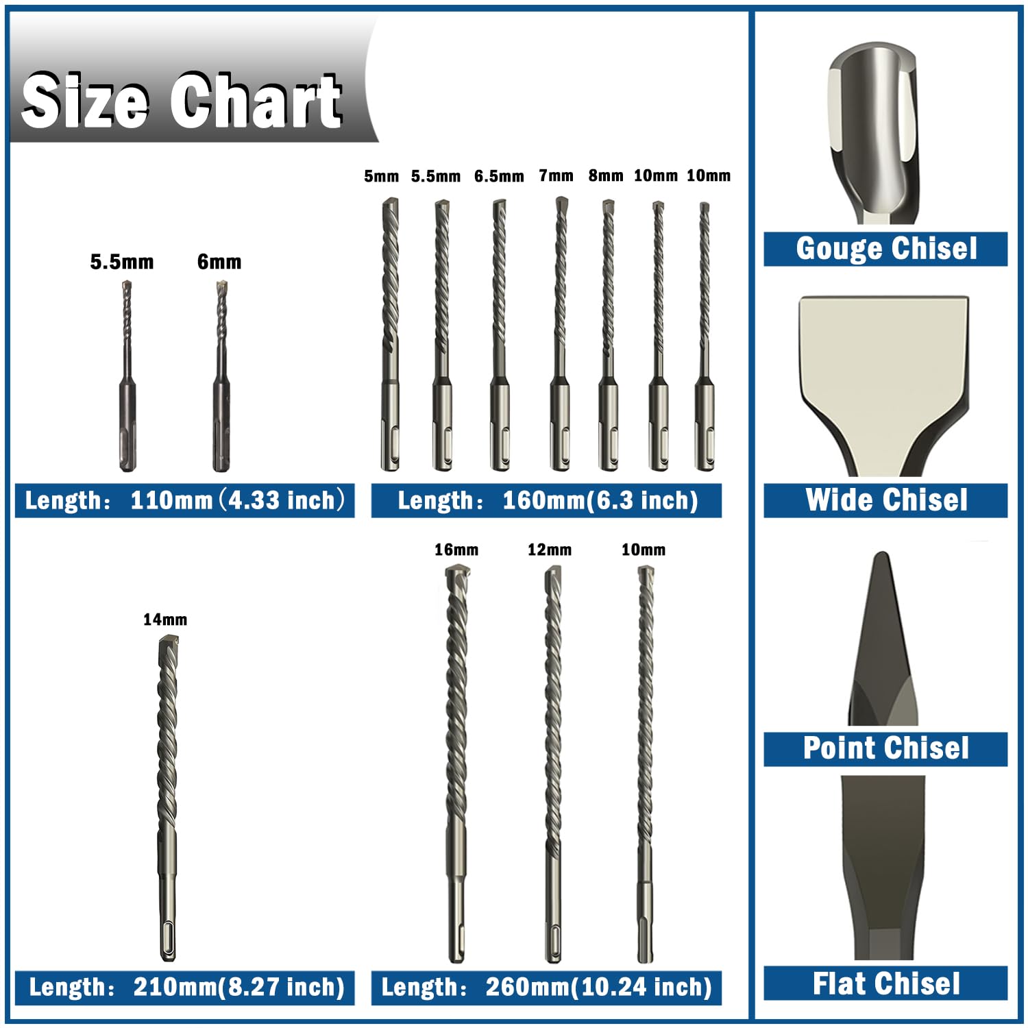 17PCS SDS Plus Bits, Rotary Hammer Drill Bits and SDS Plus Chisel Set, Carbide-Tipped Shank Connection Concrete Masonry Drill Bits Brocas para Concreto