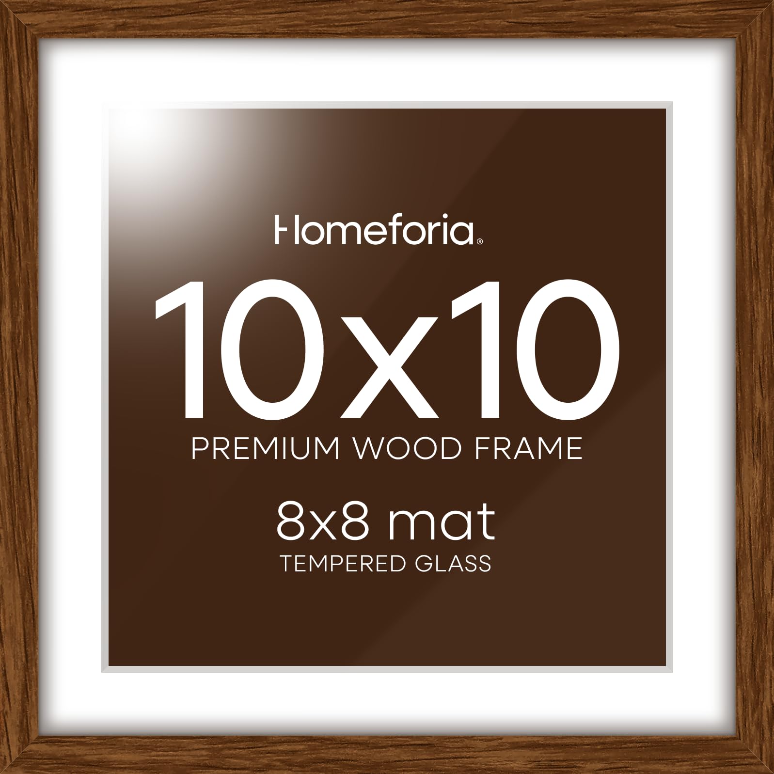 Homeforia 10x10 Brown Oak Picture Frame, High-End Wood, 8x8 Mat, Glass