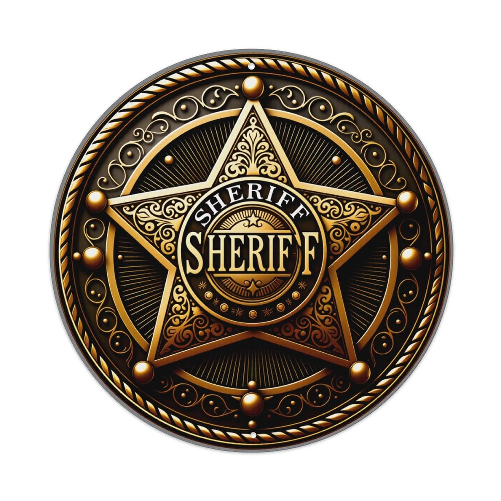 Golden Star Sheriff Badge Ornate Design Pattern Round Vintage Tin Sign,Retro Wall Art,Metal Poster for Home, Bar, Garage, Cafe, Rustic Indoor & Outdoor Decor, 8x8 Inches