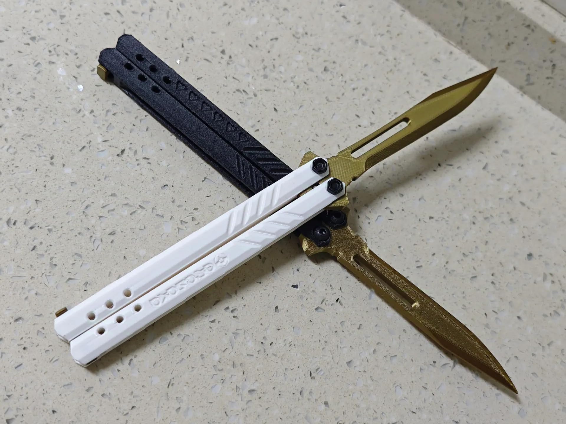 VIKSON INTERNATIONAL Cyberpunk Balisong Trainer | Arasaka Corpo-Spec Practice Butterfly Knife, Rigid Polymer Edgerunner Fidget & Night City Tactical Prop (Silver-Gold)-picture-31