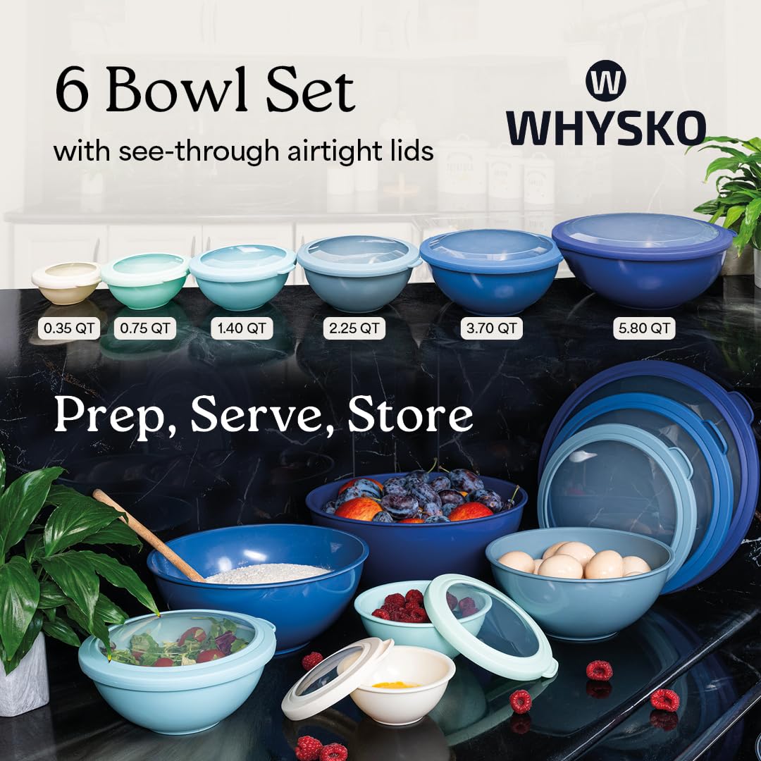 WHYSKO Juego de tazones para Mezclar de Acero Inoxidable Meal Prep, organizadores de Almacenamiento de Alimentos para el hogar| Respetuoso con el Medio Ambiente (con Tapas Azules)