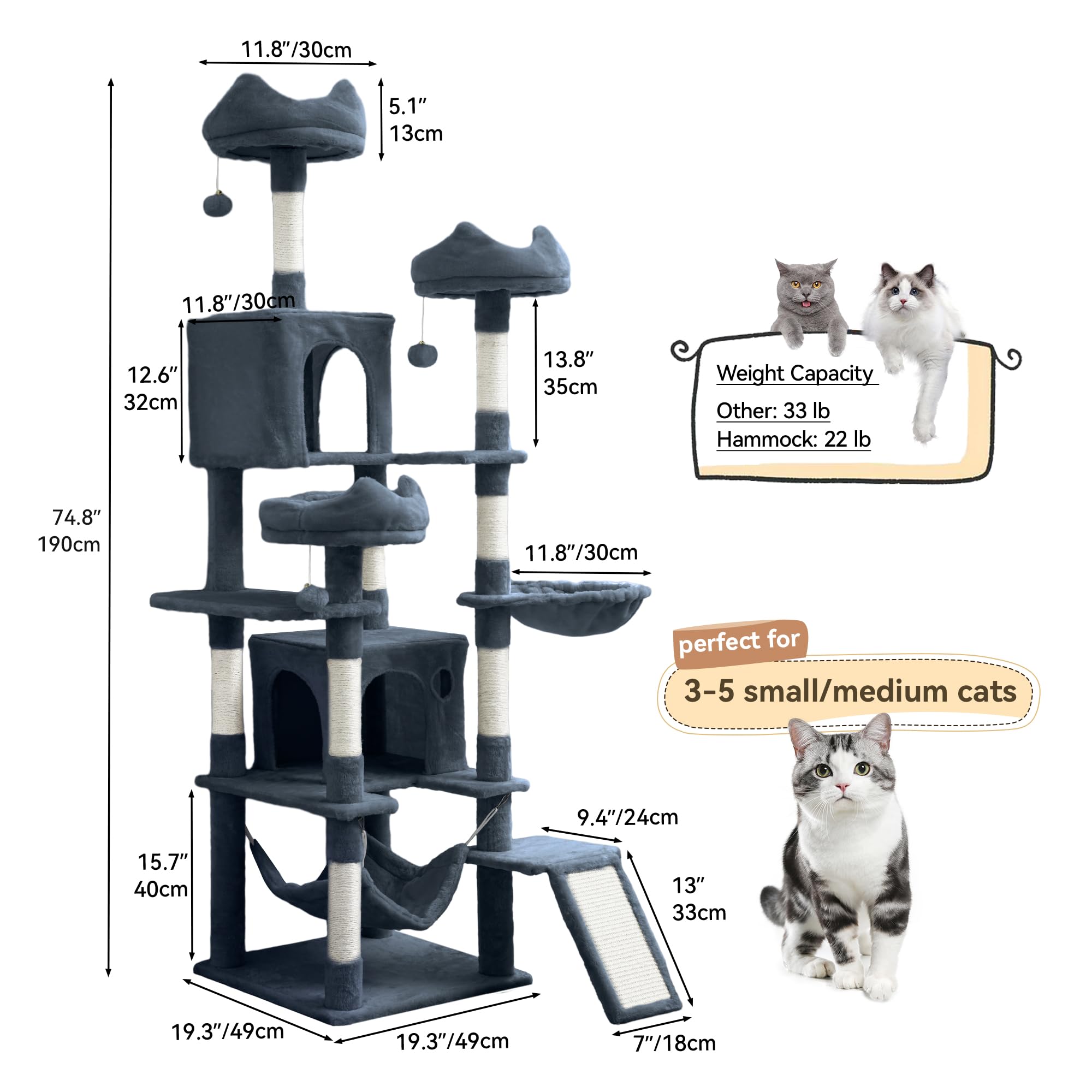 YITAHOME Tall Cat Tree for Indoor Cats, 75 inch Multi-Level Cat Tower with Cat Condos, Top Perches, Sisal Ramp Scratching Posts, Cozy Basket, Hammocks, Large Cat Pet Activity Structure,Pink: 75 inches Dark Grey