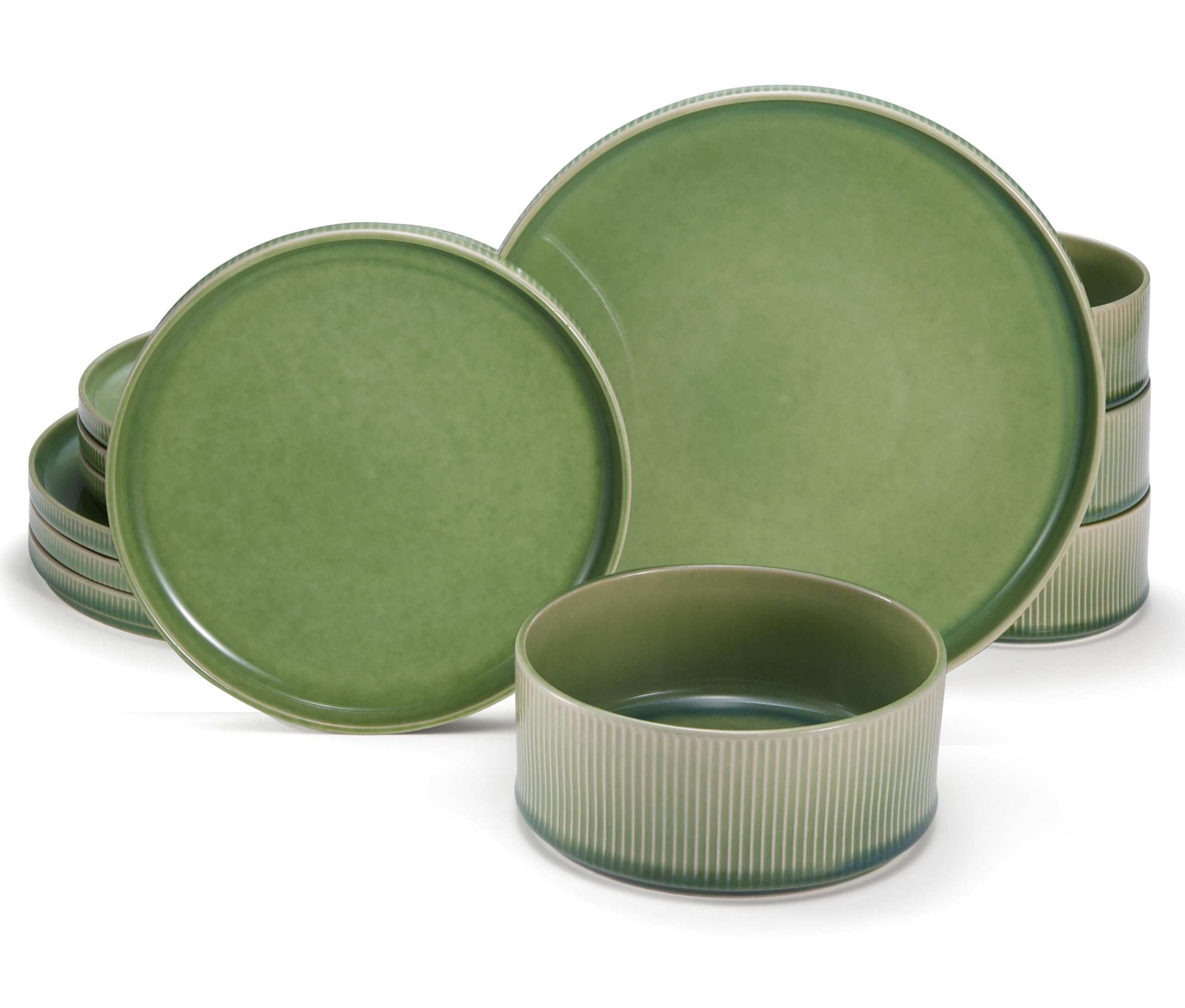 Ceramic Dinnerware Set, by Vase and Vessel, 12-Piece Service for 4, 9.8” Dinner Plates, 8” Salad Plates, 20 oz Bowls, Ombre Reactive Glaze, Durable