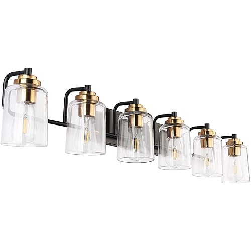 SOLFART Vintage Wall Bathroom Vanity Light Black Metal with Clear Glass Bronze Fixtures Wall Mount Lighting Sconce (7600-6 Lights)