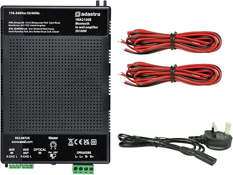 Adastra | IWA2100B In-Wall Bluetooth Amplifier 2 x 100W | High-Power 2-Channel Class-D Stereo Amp with Bluetooth, Optical & Aux Inputs | Compact Wall-Mounted Audio for Home & PA