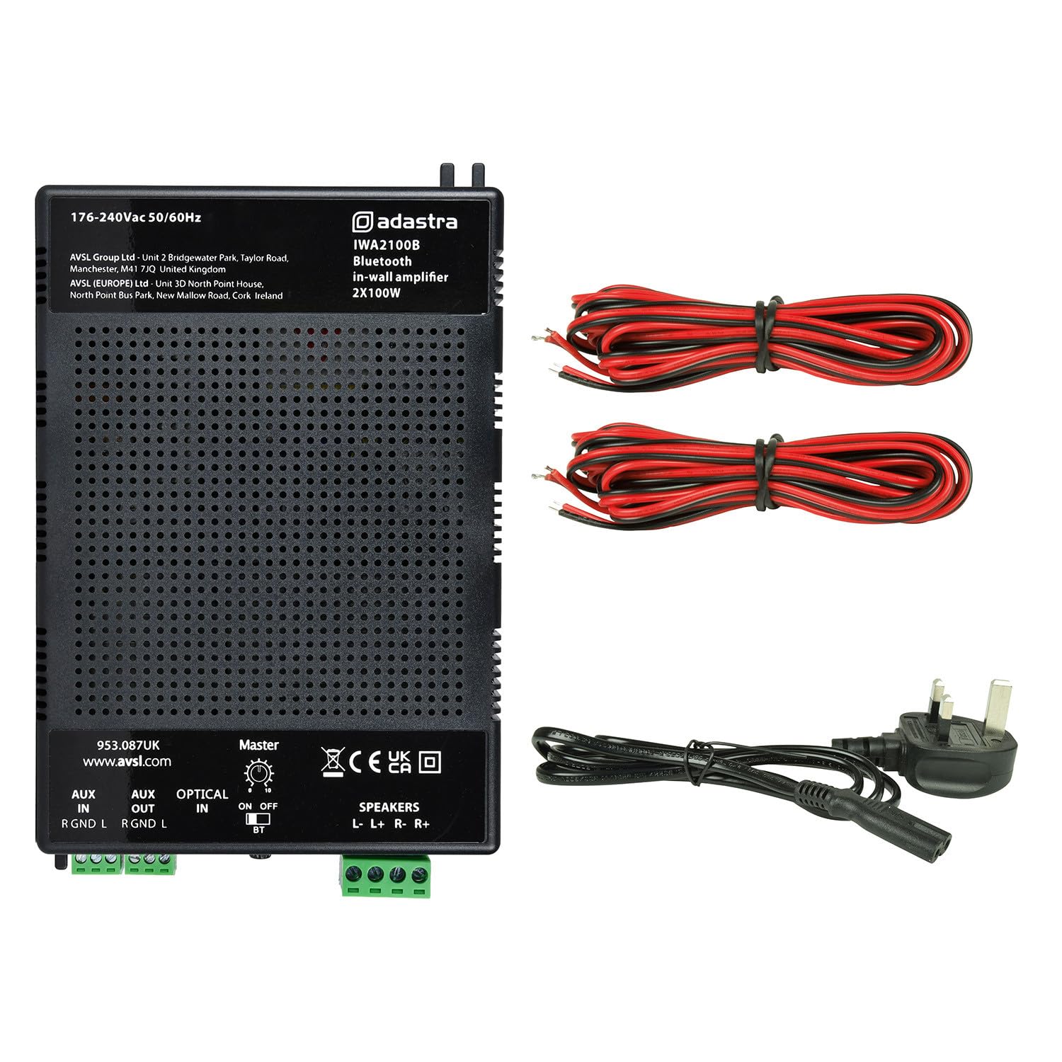 Adastra IWA2100B Amplificador Bluetooth en Pared 2 x 100 W | Amplificador estéreo Clase D de 2 Canales de Alta Potencia con Bluetooth, entradas ópticas y auxiliares | Audio Compacto montado en la